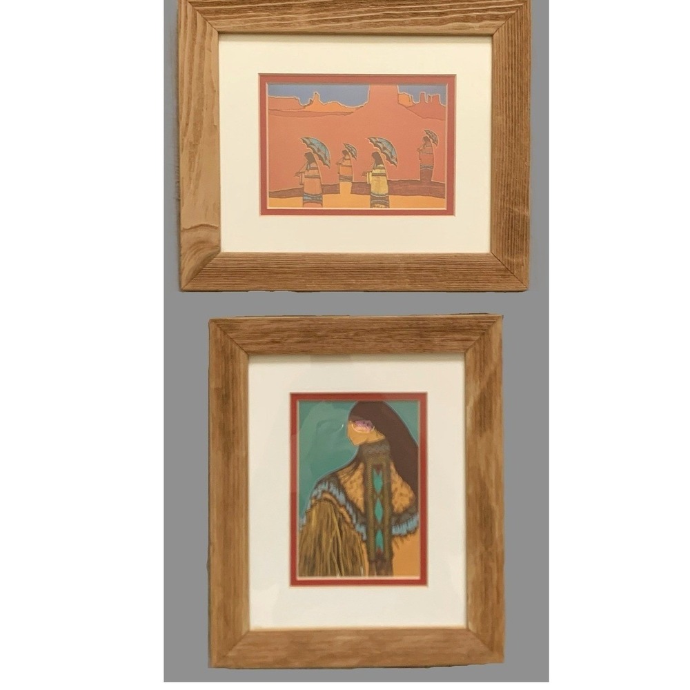Set of 2 Native American Desert Tone Art Prints, Matted/Driftwood Framed 11x13"
